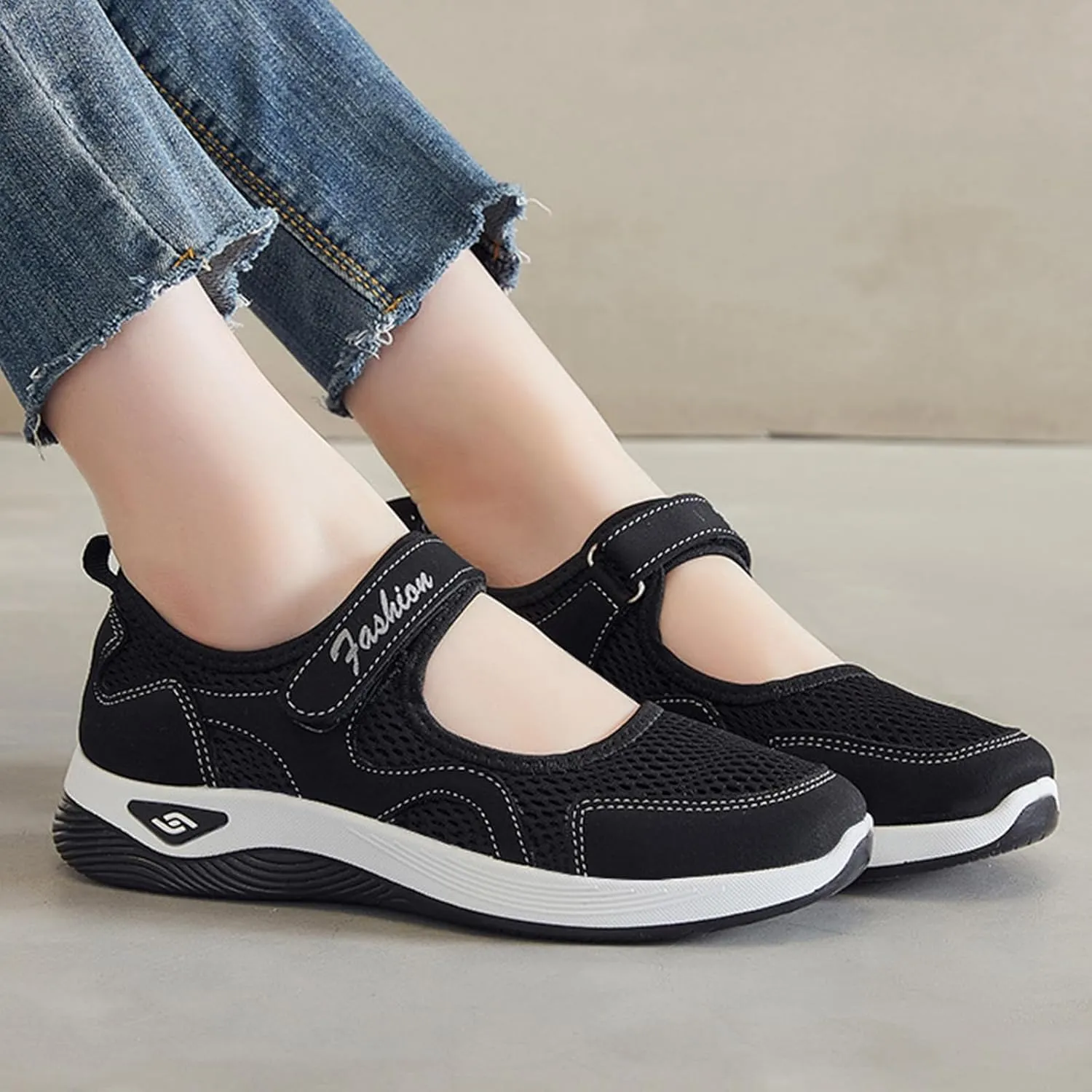 Orthopedic Shoes for Women Non Slip Arch Support Sneakers Mesh Hollow Out Breathable Walking Sneakers Comfortable Adjustable Mary Jane Shoes Lightweight Working Nurse Shoe