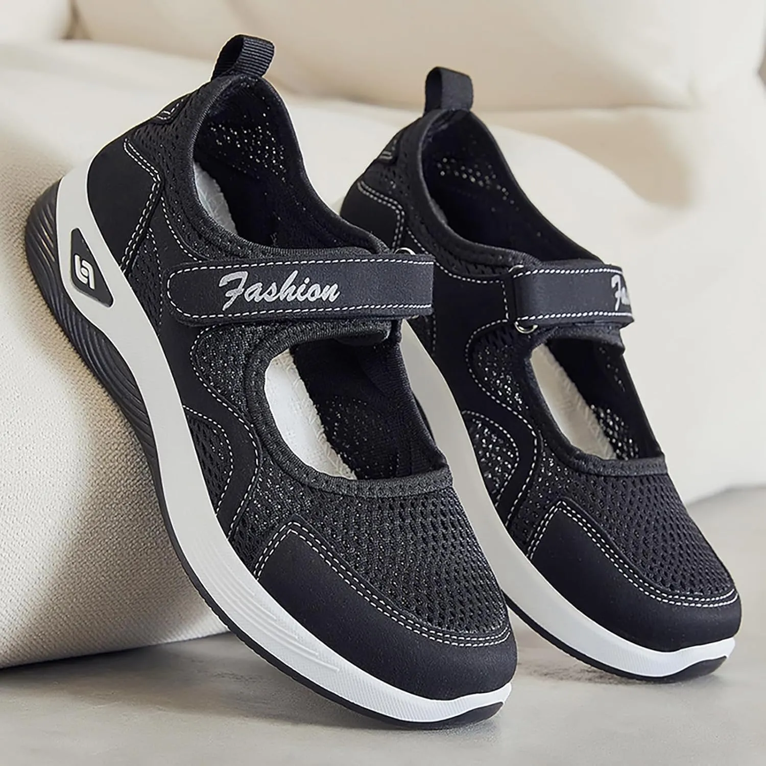 Orthopedic Shoes for Women Non Slip Arch Support Sneakers Mesh Hollow Out Breathable Walking Sneakers Comfortable Adjustable Mary Jane Shoes Lightweight Working Nurse Shoe