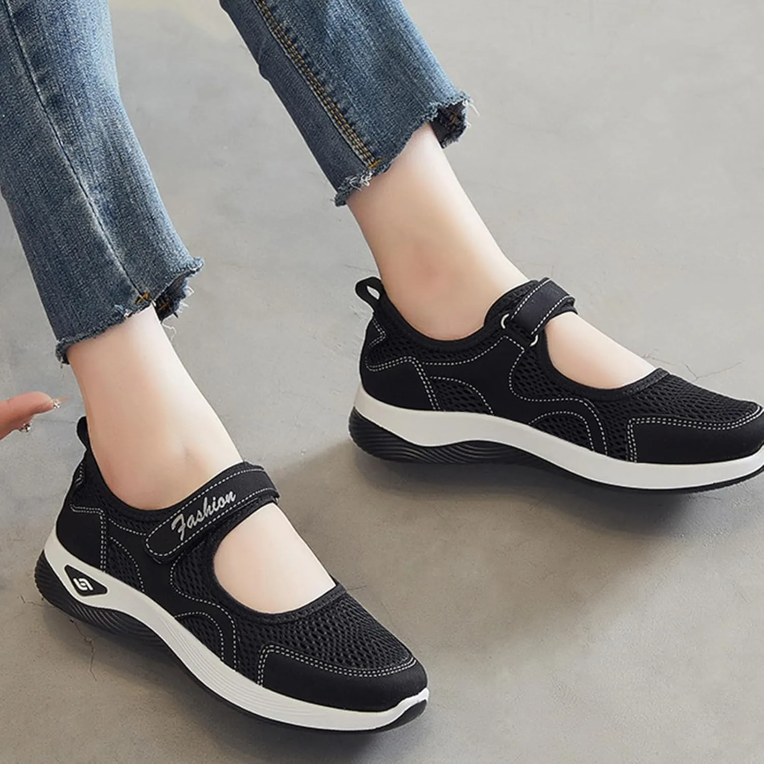 Orthopedic Shoes for Women Non Slip Arch Support Sneakers Mesh Hollow Out Breathable Walking Sneakers Comfortable Adjustable Mary Jane Shoes Lightweight Working Nurse Shoe