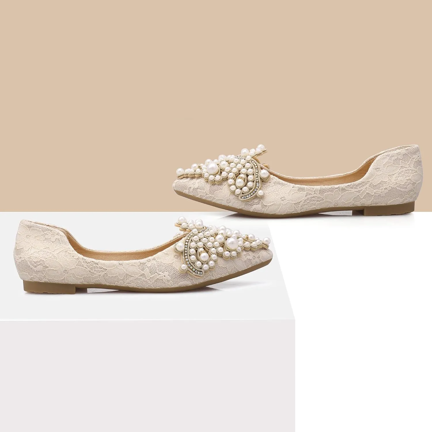 Pearl Decoration Women's Flat Bottom Pointed Toe One Step Shoes