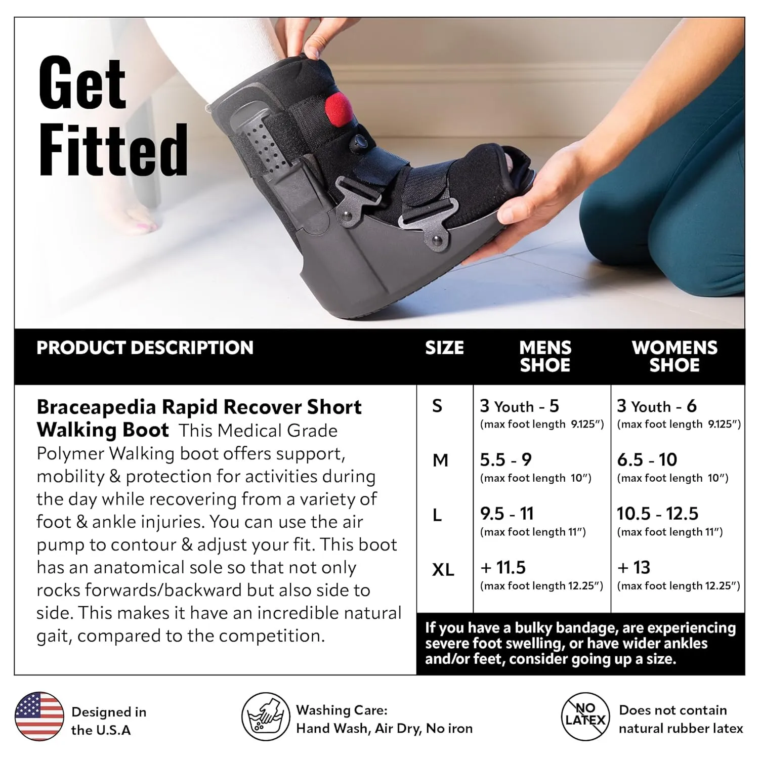 Rapid Recover Short Walking Boot, Medical Grade Foot Brace, Ankle Boot & Brace, Adjustable Air Pump, Sprain & Injury Recovery, Post Op Shoe, Foot Boot for Injured Foot, Small, Black