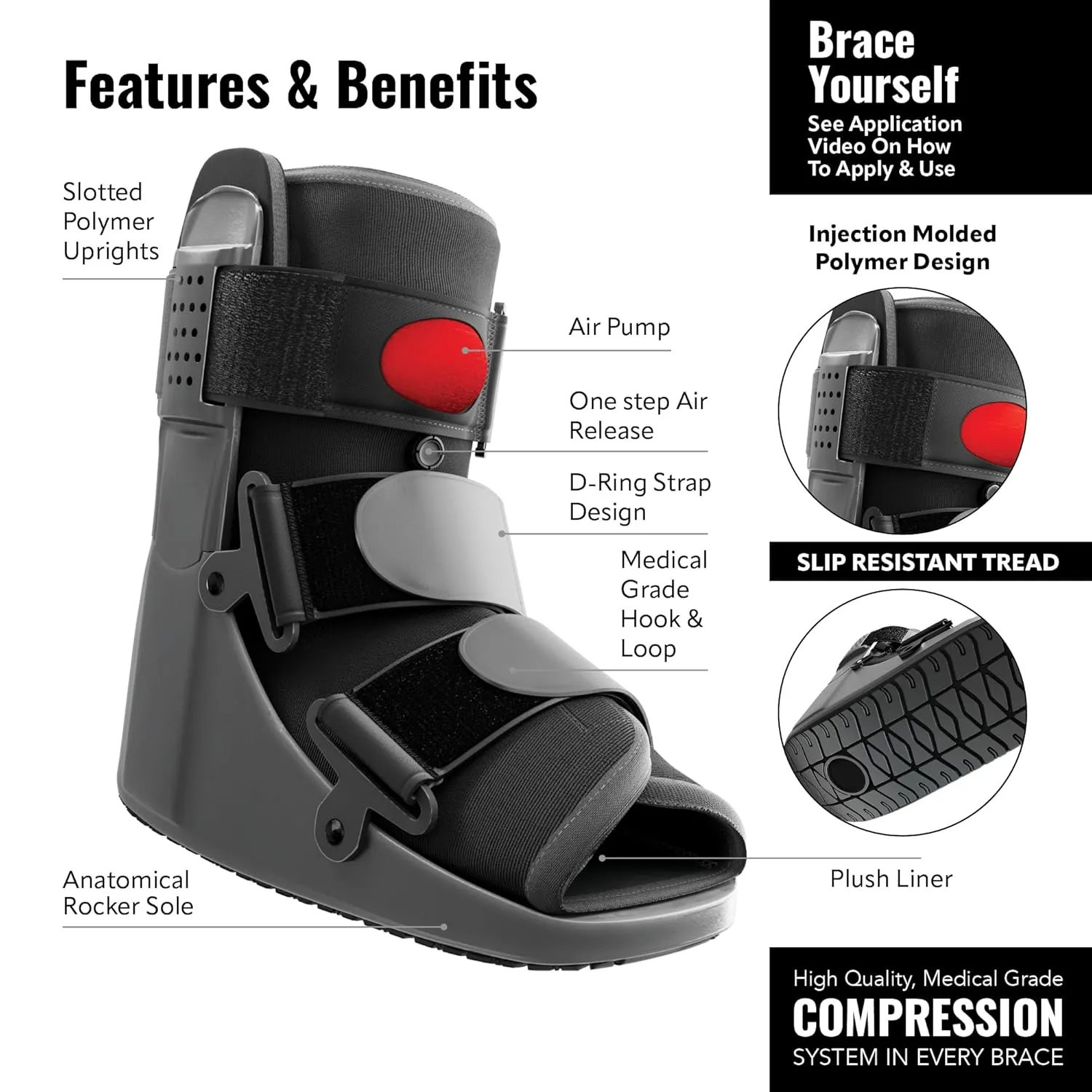 Rapid Recover Short Walking Boot, Medical Grade Foot Brace, Ankle Boot & Brace, Adjustable Air Pump, Sprain & Injury Recovery, Post Op Shoe, Foot Boot for Injured Foot, Small, Black