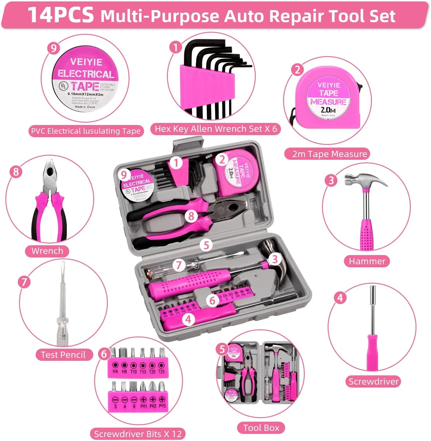 Roadside Emergency Car Kit for Vehicles, Pink Car First Aid Kit Emergency Kit with Jumper Cables, Car Safety Kits, Tow Strap, Tool Kit, Road Trip Assistance for Men, Women, New Driver Gifts