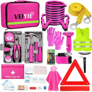 Roadside Emergency Car Kit for Vehicles, Pink Car First Aid Kit Emergency Kit with Jumper Cables, Car Safety Kits, Tow Strap, Tool Kit, Road Trip Assistance for Men, Women, New Driver Gifts