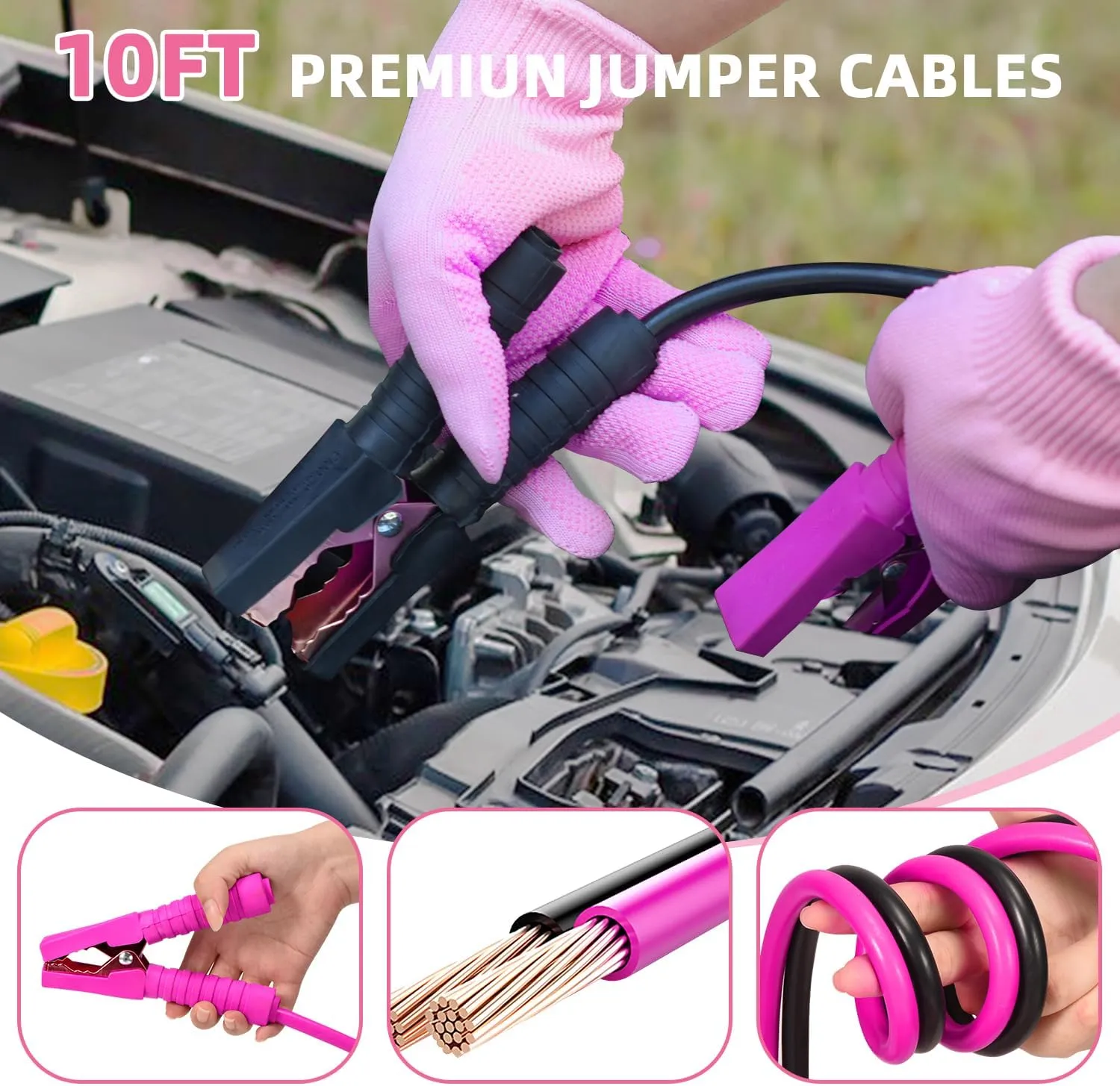 Roadside Emergency Car Kit for Vehicles, Pink Car First Aid Kit Emergency Kit with Jumper Cables, Car Safety Kits, Tow Strap, Tool Kit, Road Trip Assistance for Men, Women, New Driver Gifts