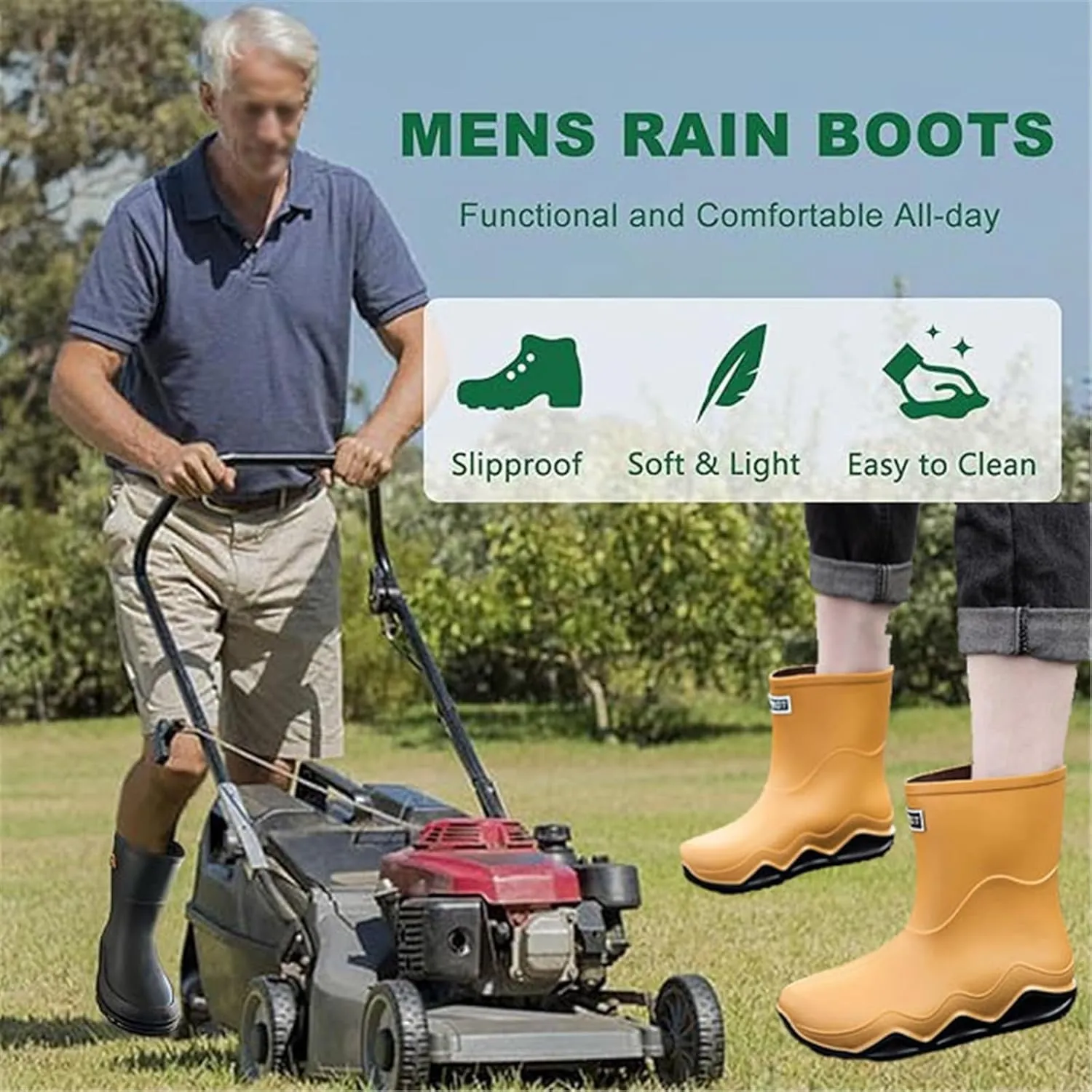 Rubber Work Rain Boot for Men, Men's Comfort Short Tube Anti-Skid Waterproof Fishing Rubber Rain Boots, Garden Fishing Outdoor Work Sturdy PVC Shoes, for Yard Farm, Outdoor
