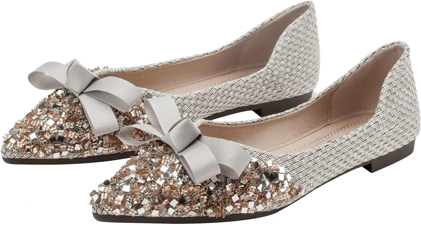 SAILING LU Dressy Shoes for Women Pointed Toe Bowknot Ballet Flats Comfortable Light Weight Slip on Walking Loafers