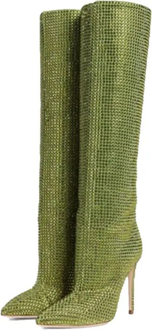 Sequined Stiletto Pointed Knee-High Boots, Diamond Sleeve Slip-On Rubber Sole High Heels Catwalk Large Size Stage Fashion Performance Simple Casual