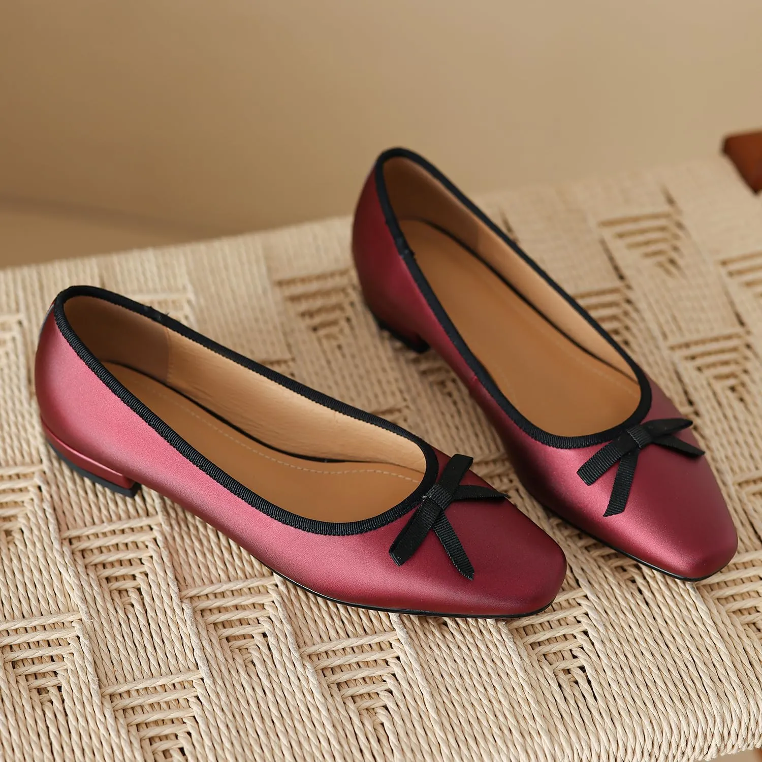 SHODENSE Women Satin Bow Flats Round Toe Slip On Ballet Flats Comfortable 1 inch Flat Heel Dress Shoes Slide in Bow Satin Flat Shoes Casual Wedding Bridal Flats Drive Street Retro 4-11 M US