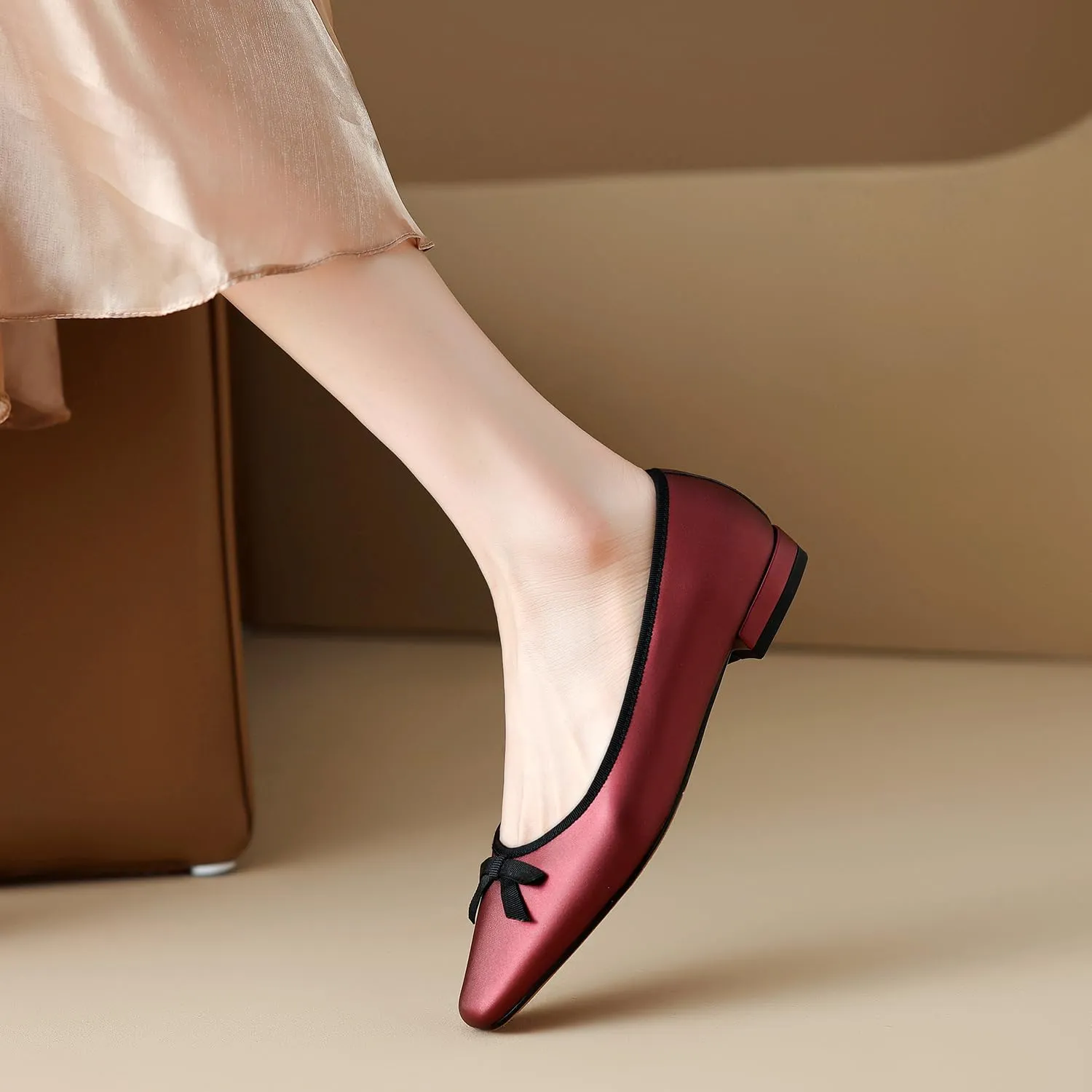 SHODENSE Women Satin Bow Flats Round Toe Slip On Ballet Flats Comfortable 1 inch Flat Heel Dress Shoes Slide in Bow Satin Flat Shoes Casual Wedding Bridal Flats Drive Street Retro 4-11 M US