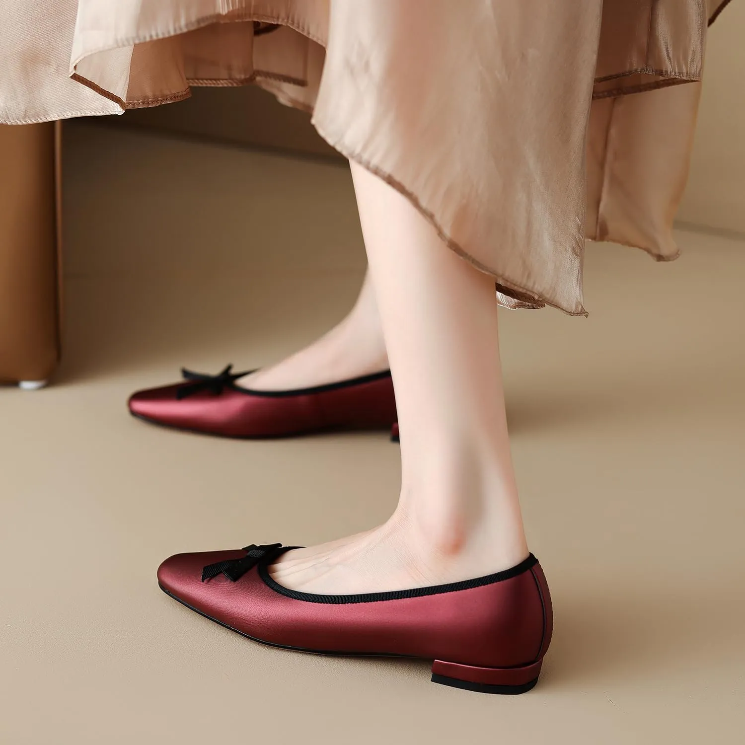 SHODENSE Women Satin Bow Flats Round Toe Slip On Ballet Flats Comfortable 1 inch Flat Heel Dress Shoes Slide in Bow Satin Flat Shoes Casual Wedding Bridal Flats Drive Street Retro 4-11 M US