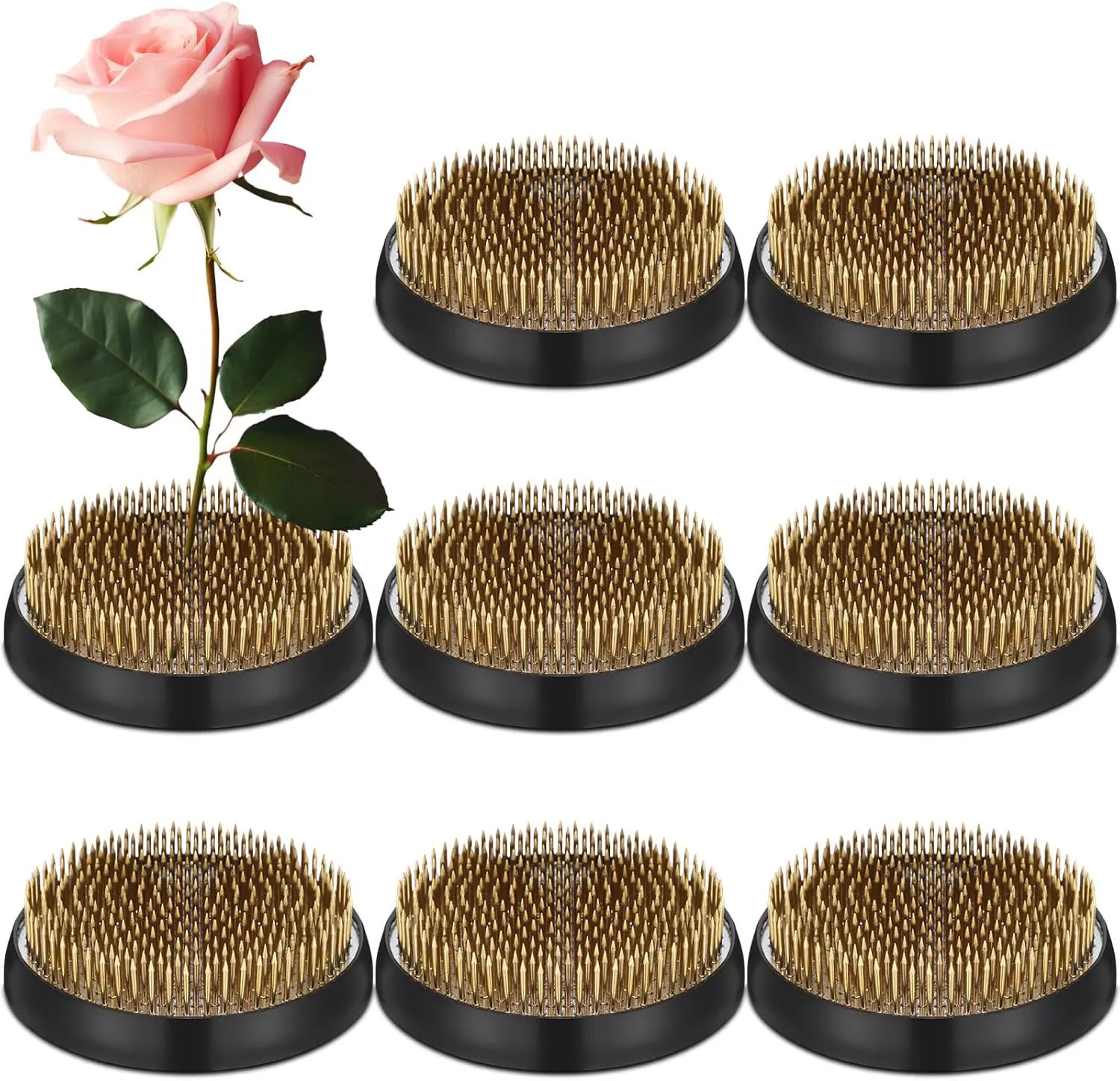 Sliner 8 Pcs 3.15 Inch Floral Frogs Round Brass Flower Holder Japanese Ikebana Vase Floral Frogs Arranger Fixed Tools Pin for Flower Arrangement Home DIY Craft (Gold)