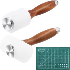 Swpeet 3Pcs Leather Carving Hammer Set, T-Head and Vertical Leathercraft Mallet With A5 Craft Cutting Board, Nylon Wood Leathercraft Wooden Mallet for DIY Stamping Sew Leather