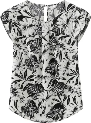 TASAMO Women's Casual Round Neck Basic Pleated Top Cap Sleeve Curved Keyhole Back Chiffon Blouse
