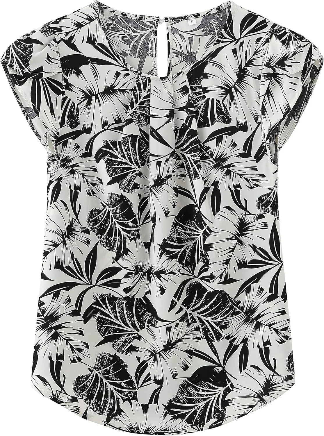 TASAMO Women's Casual Round Neck Basic Pleated Top Cap Sleeve Curved Keyhole Back Chiffon Blouse