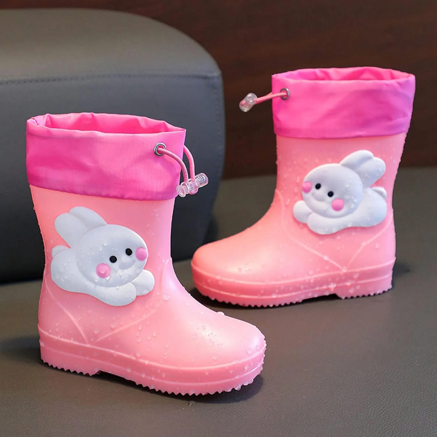 Toddler Cute Bunny Rain Boots Unisex Kids Rubber Sole Waterproof Lightweight Cartoon Mud Proof Flat Rainboots