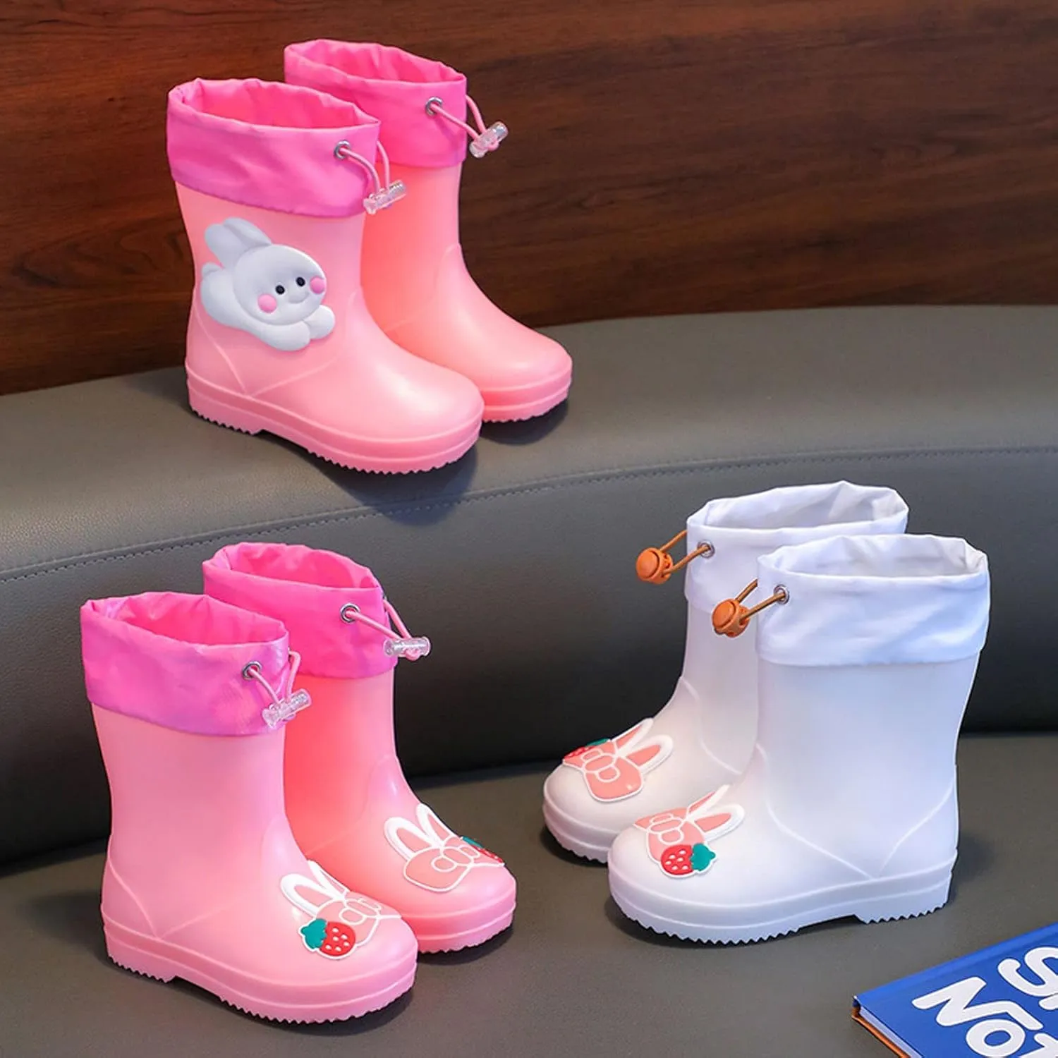 Toddler Cute Bunny Rain Boots Unisex Kids Rubber Sole Waterproof Lightweight Cartoon Mud Proof Flat Rainboots