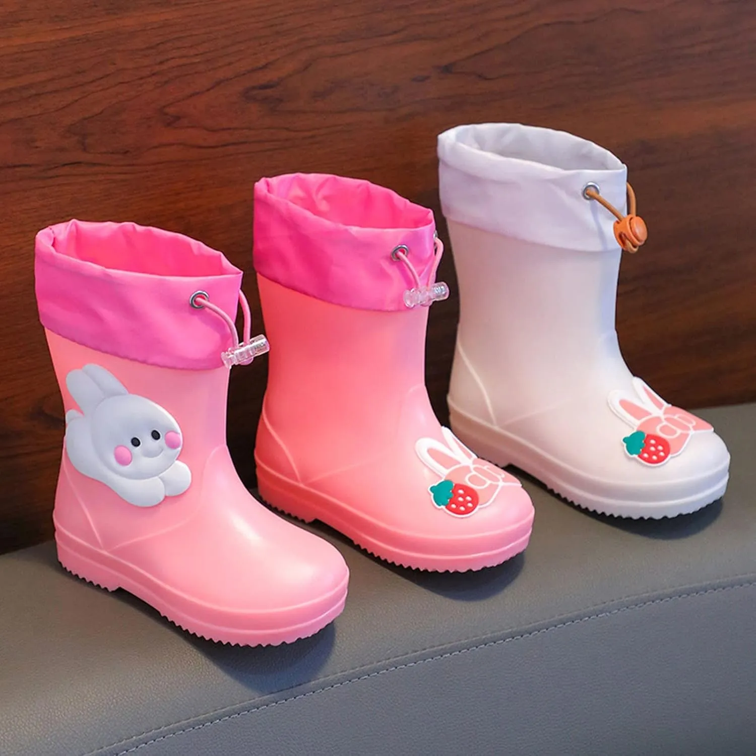 Toddler Cute Bunny Rain Boots Unisex Kids Rubber Sole Waterproof Lightweight Cartoon Mud Proof Flat Rainboots