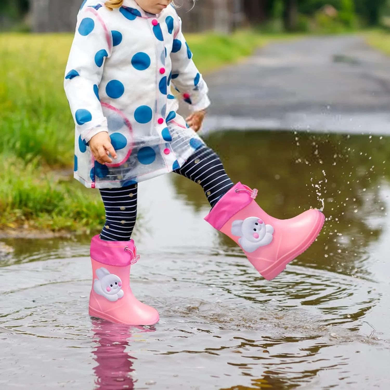 Toddler Cute Bunny Rain Boots Unisex Kids Rubber Sole Waterproof Lightweight Cartoon Mud Proof Flat Rainboots