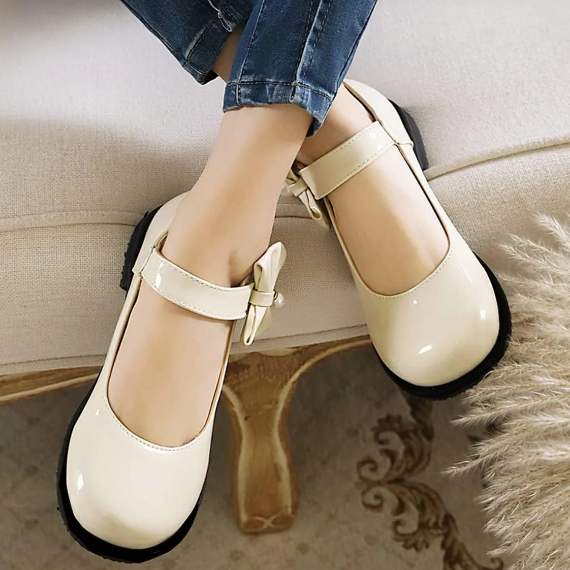 UniqueStride Womens Ballet Mary Janes Flats Patent Leather Platform Low Heels Pumps Round Toe Buckle Strap Cute Shoes