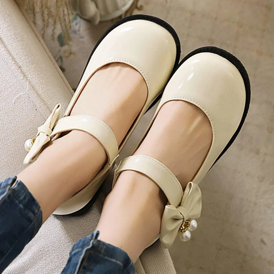 UniqueStride Womens Ballet Mary Janes Flats Patent Leather Platform Low Heels Pumps Round Toe Buckle Strap Cute Shoes