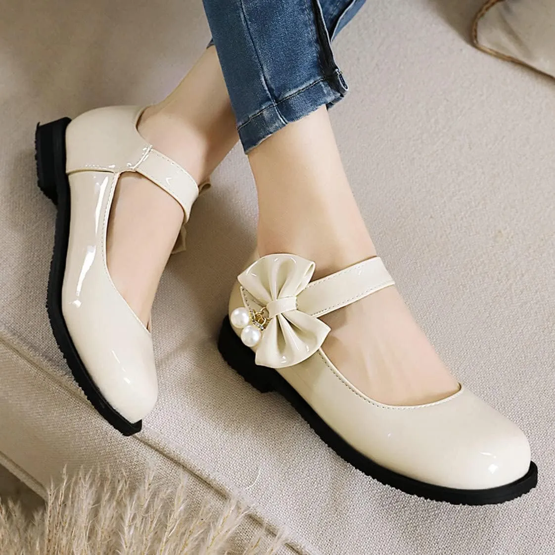 UniqueStride Womens Ballet Mary Janes Flats Patent Leather Platform Low Heels Pumps Round Toe Buckle Strap Cute Shoes