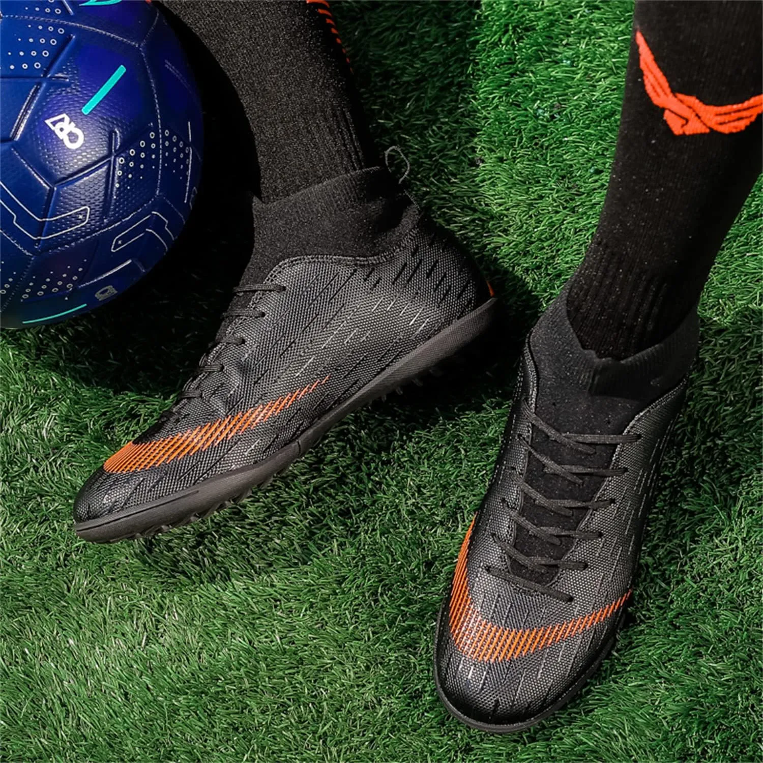Unisex soccer sneakers are light, breathable, non-slip and shock-absorbing, and The youth high-top indoor lawn training hard bottom TF/AG.
