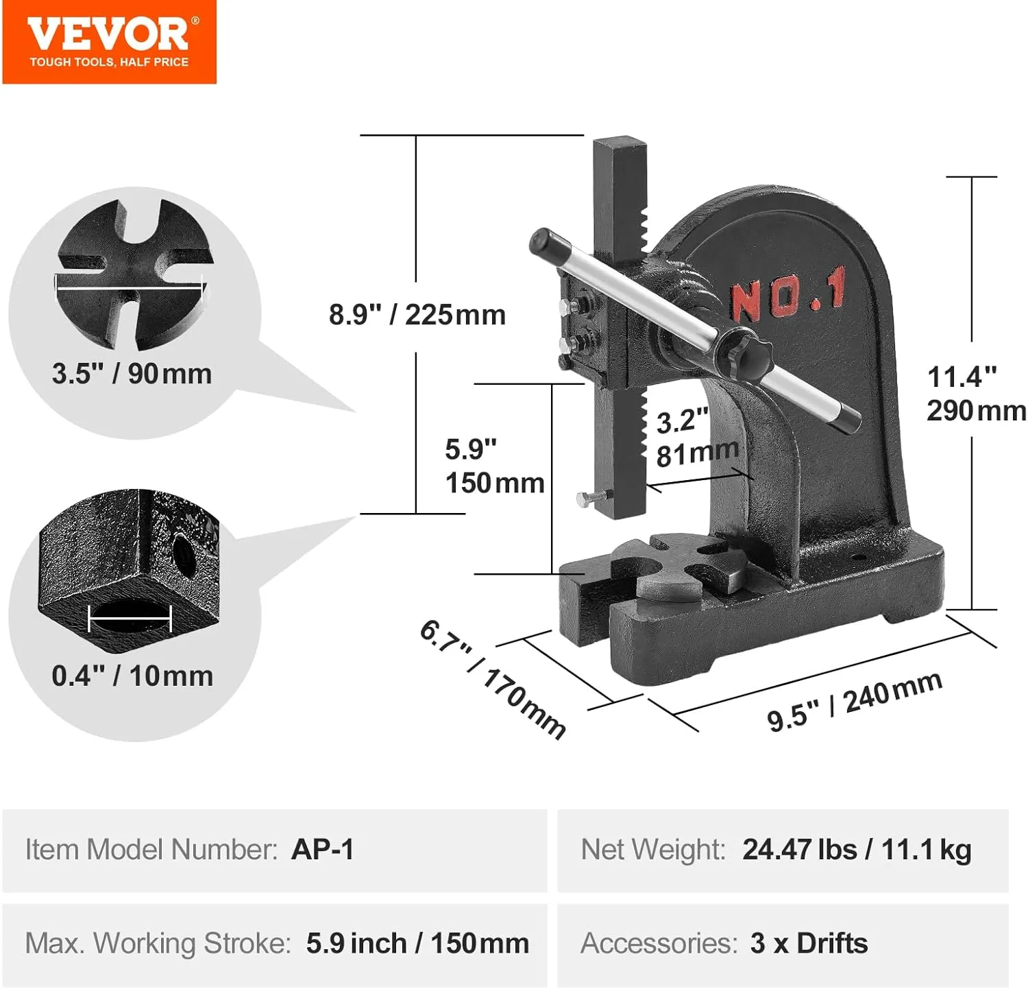 VEVOR Arbor Press, 1 Ton Manual Arbor Press, 5.9" Maximum Height, Cast Iron Heavy-duty Manual Desktop Arbor Press, Precision Hand Press for Stamping, Bending, Stretching, Forming