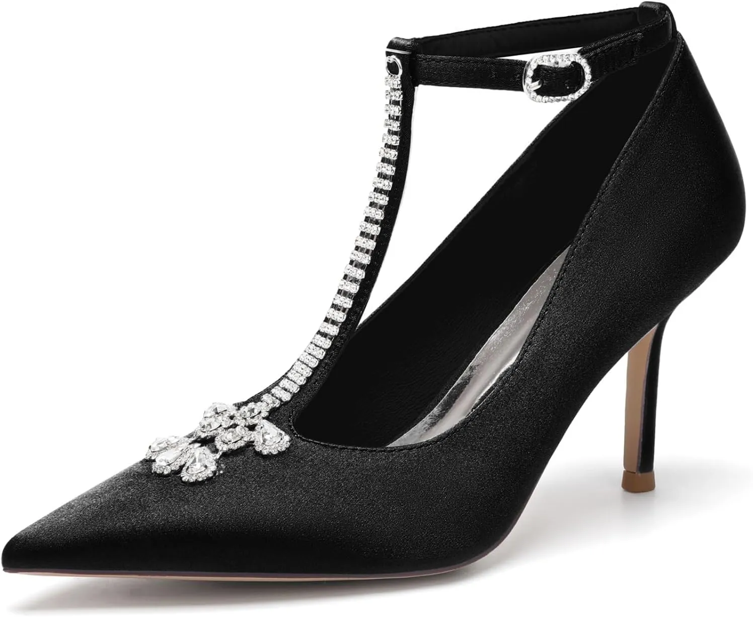Wedding Bridal Shoes Summer Shoes Women High Heels T Strap Satin Pumps Pointed Toe Dress Shoes Wedding Shoes 8.5Cm