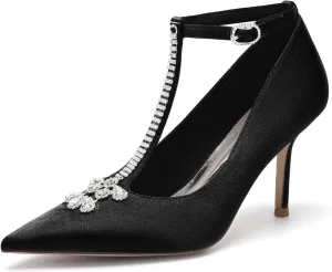 Wedding Bridal Shoes Summer Shoes Women High Heels T Strap Satin Pumps Pointed Toe Dress Shoes Wedding Shoes 8.5Cm