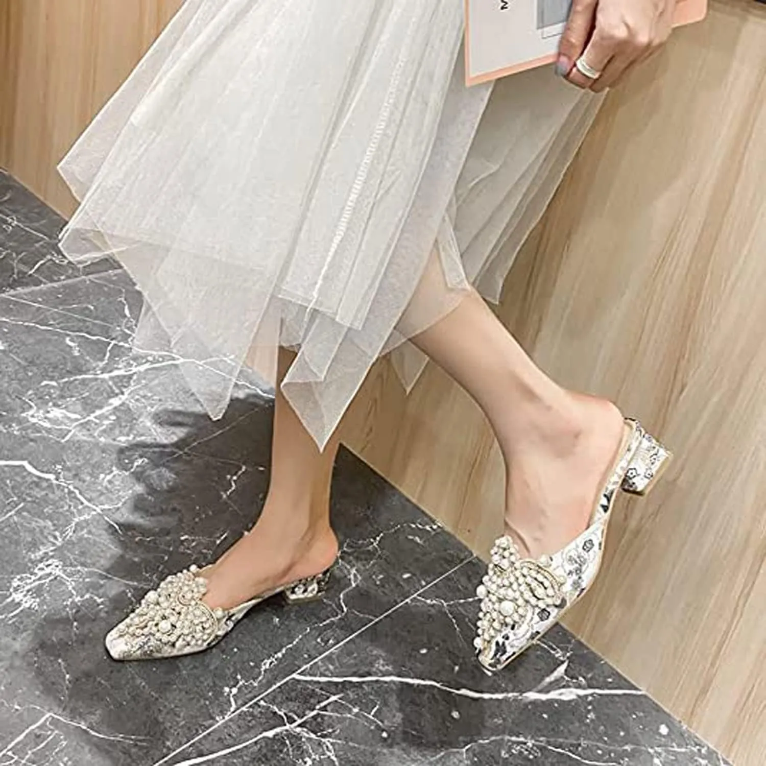 WENJIAZHIZHI Slides Womens Clogs Heeled Sandals Mules for Women Shoes Casual Slip On Chunky Heels Loafers Wedding Dress Pumps