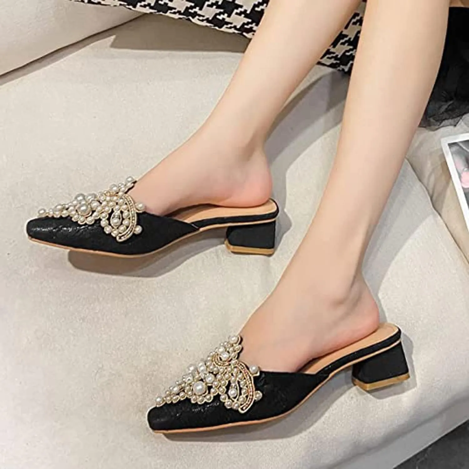 WENJIAZHIZHI Slides Womens Clogs Heeled Sandals Mules for Women Shoes Casual Slip On Chunky Heels Loafers Wedding Dress Pumps