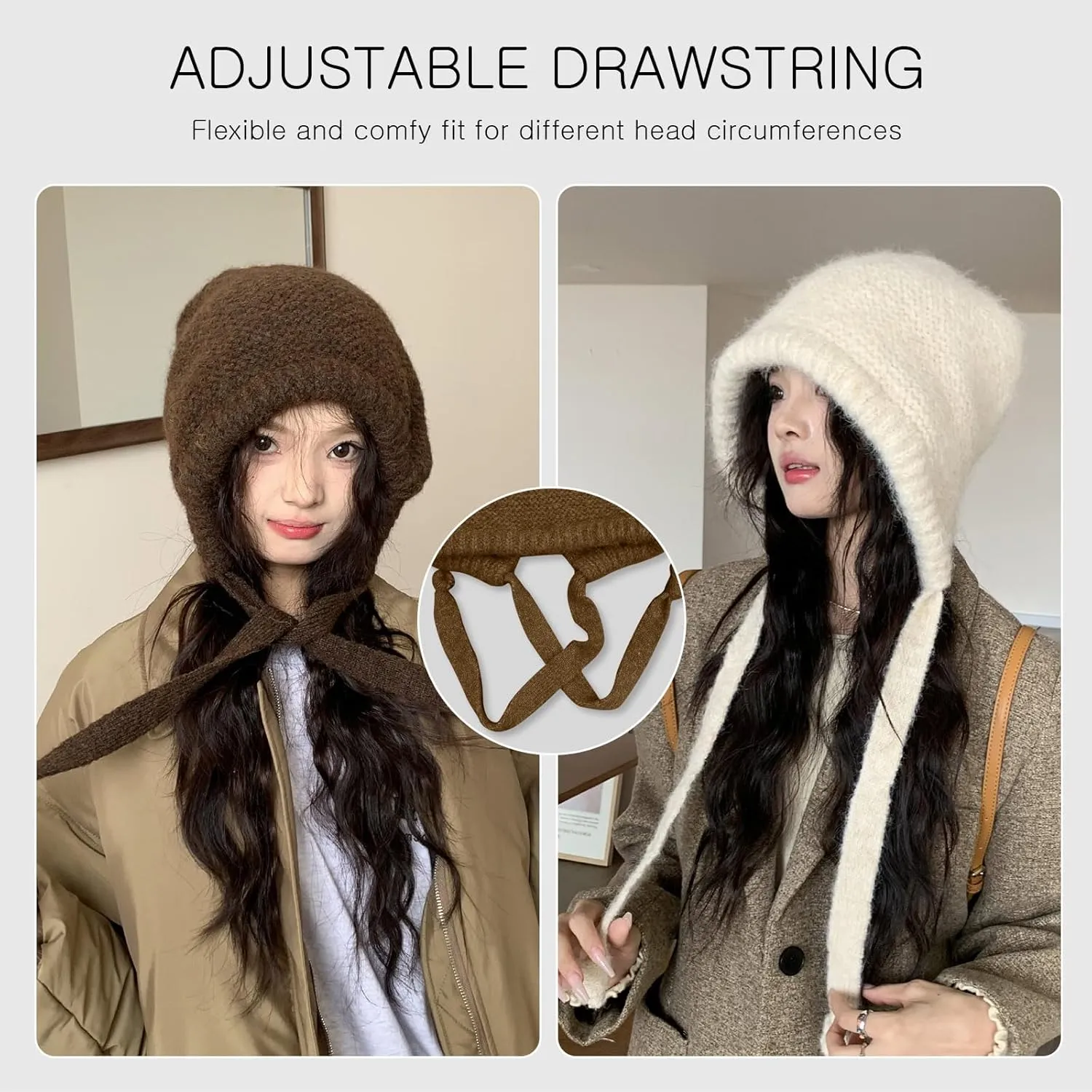 Winter Wool Knitted Hat Adjustable Drawstring Dual Purpose Earflap Hat and Knitted Bag Slouch Beanie Baggy Skull Cap