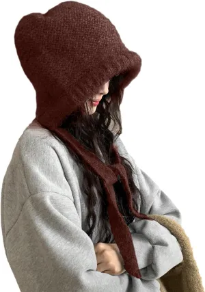 Winter Wool Knitted Hat Adjustable Drawstring Dual Purpose Earflap Hat and Knitted Bag Slouch Beanie Baggy Skull Cap