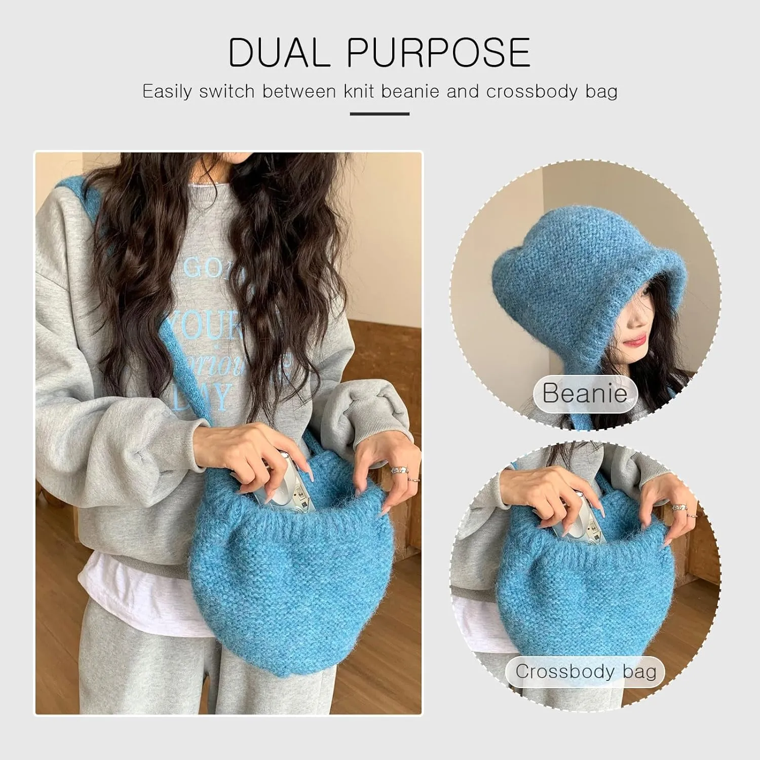 Winter Wool Knitted Hat Adjustable Drawstring Dual Purpose Earflap Hat and Knitted Bag Slouch Beanie Baggy Skull Cap