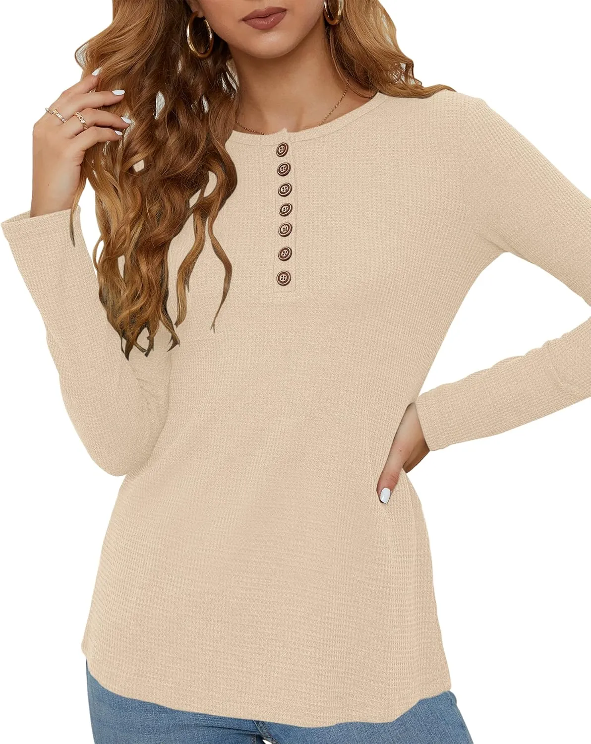 WNEEDU Women's Waffle Knit Tops Casual Long Sleeve Blouses Slim Fit Button Down V Neck Henley Shirt