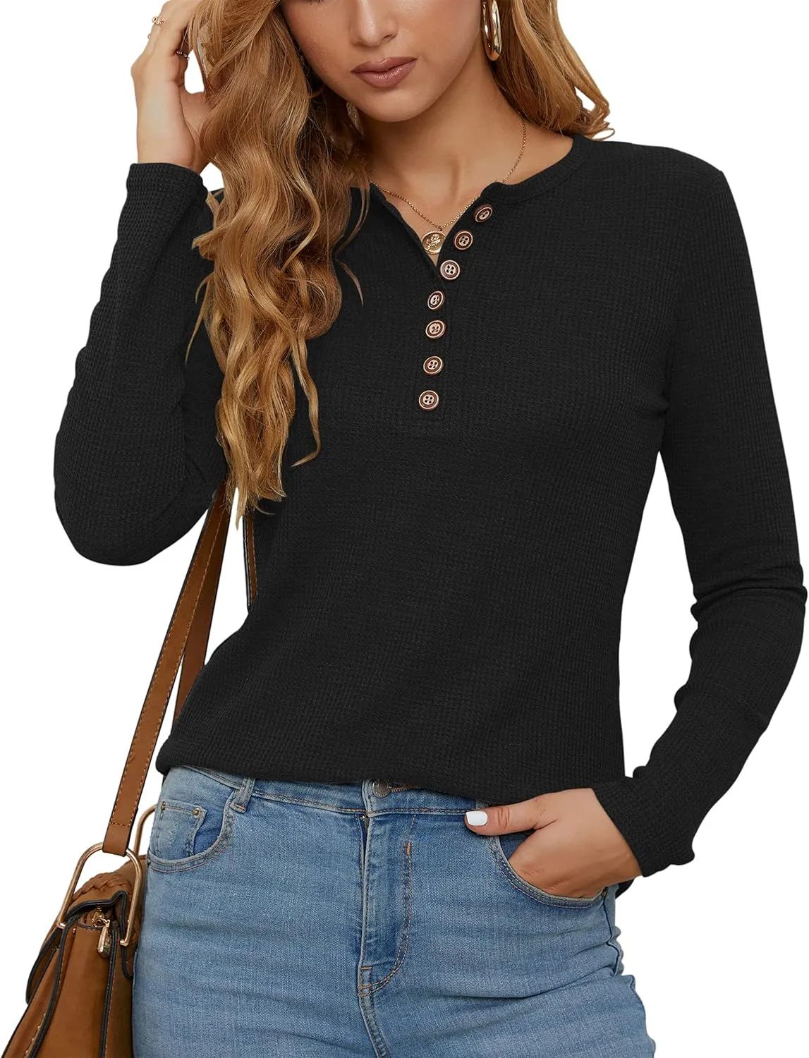 WNEEDU Women's Waffle Knit Tops Casual Long Sleeve Blouses Slim Fit Button Down V Neck Henley Shirt