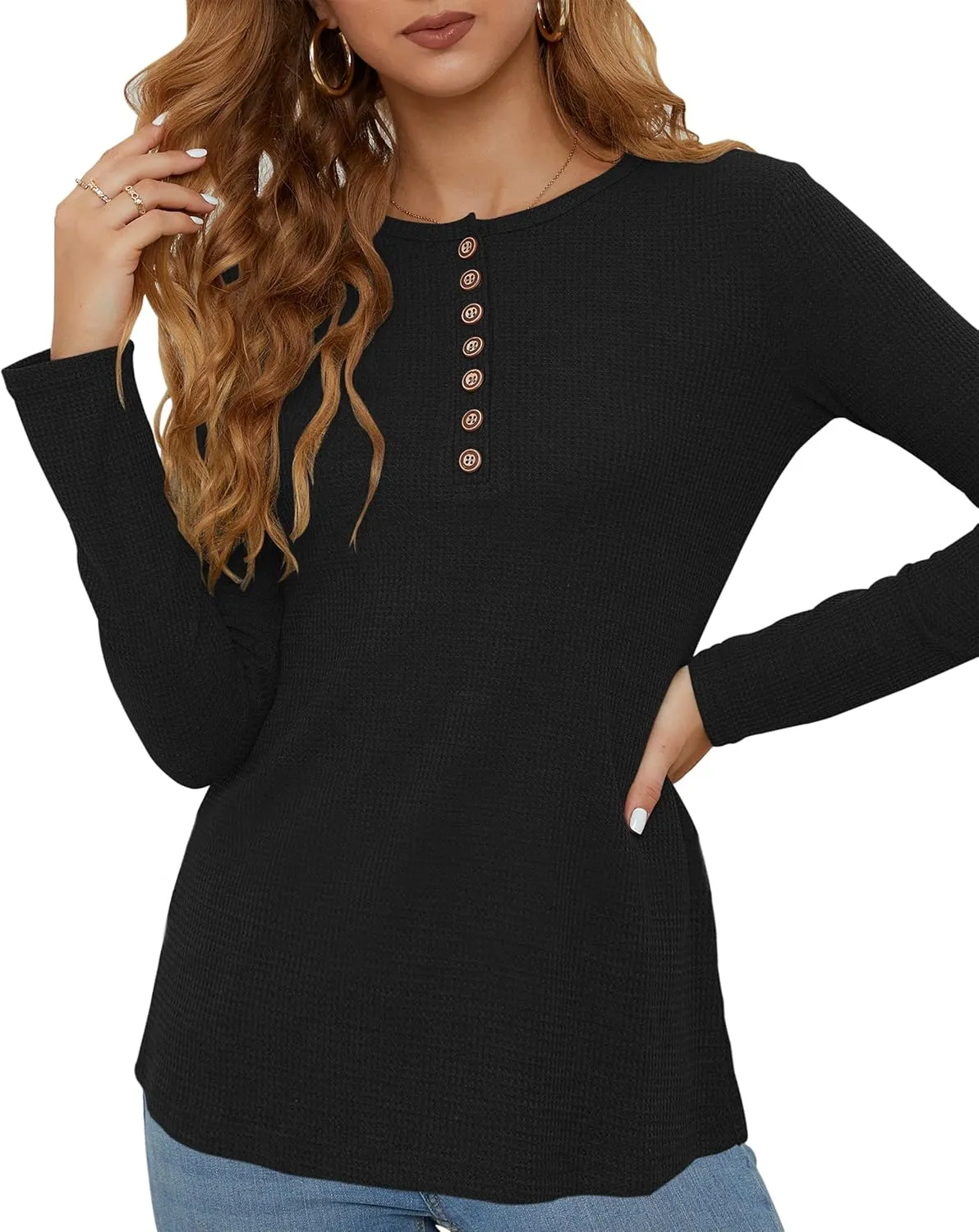 WNEEDU Women's Waffle Knit Tops Casual Long Sleeve Blouses Slim Fit Button Down V Neck Henley Shirt