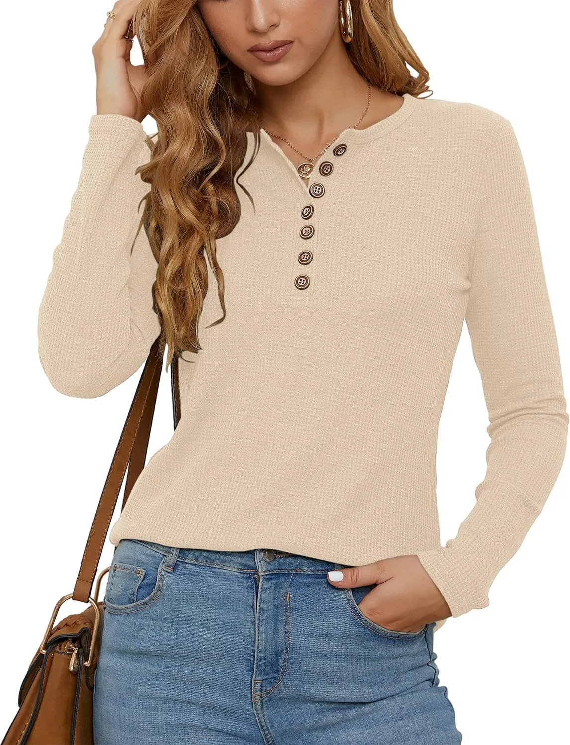 WNEEDU Women's Waffle Knit Tops Casual Long Sleeve Blouses Slim Fit Button Down V Neck Henley Shirt