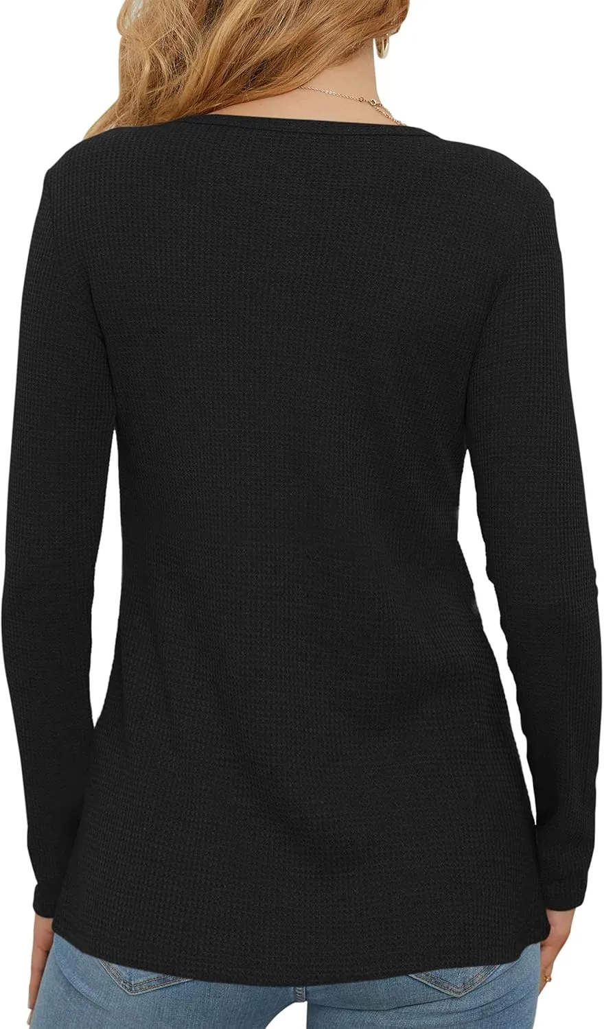 WNEEDU Women's Waffle Knit Tops Casual Long Sleeve Blouses Slim Fit Button Down V Neck Henley Shirt