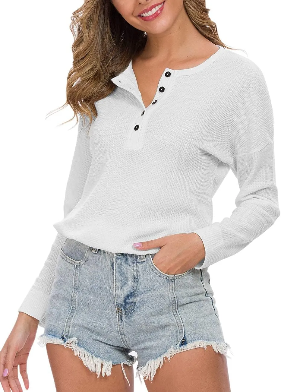 WNEEDU Women's Waffle Knit Tunic Tops Loose Long Sleeve Button Up V Neck Henley Shirts