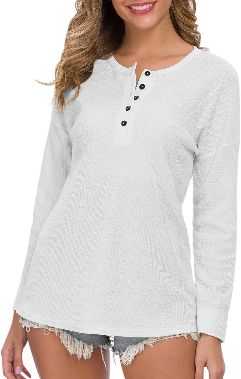 WNEEDU Women's Waffle Knit Tunic Tops Loose Long Sleeve Button Up V Neck Henley Shirts
