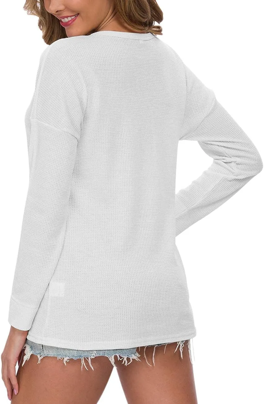 WNEEDU Women's Waffle Knit Tunic Tops Loose Long Sleeve Button Up V Neck Henley Shirts