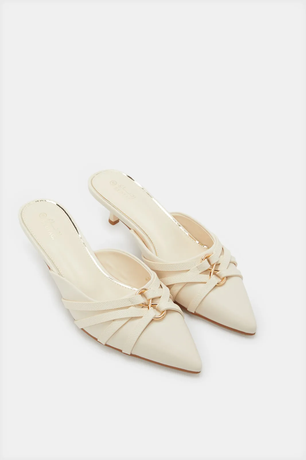 Women Beige Closed Toe Mule With Trim Upper