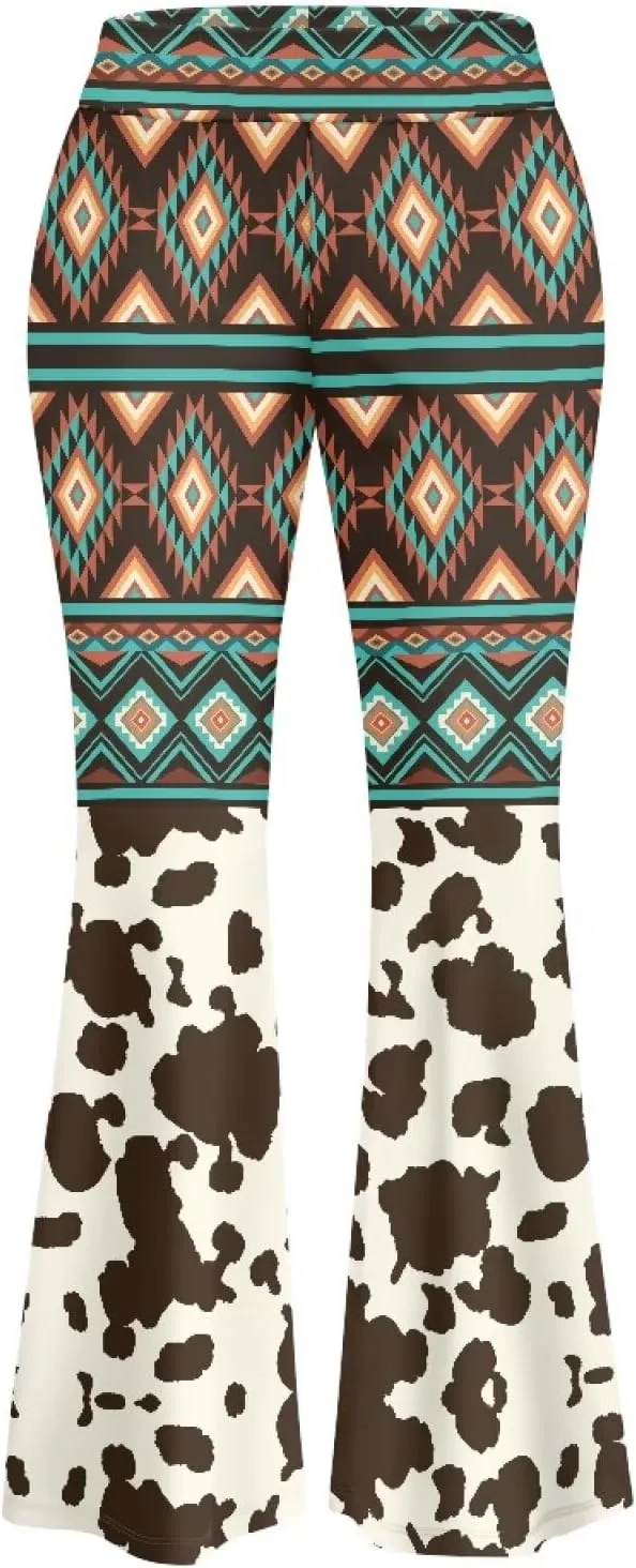 Women Boho High Waisted Fit Flare Ethnic Paisley Floral Yoga Pants