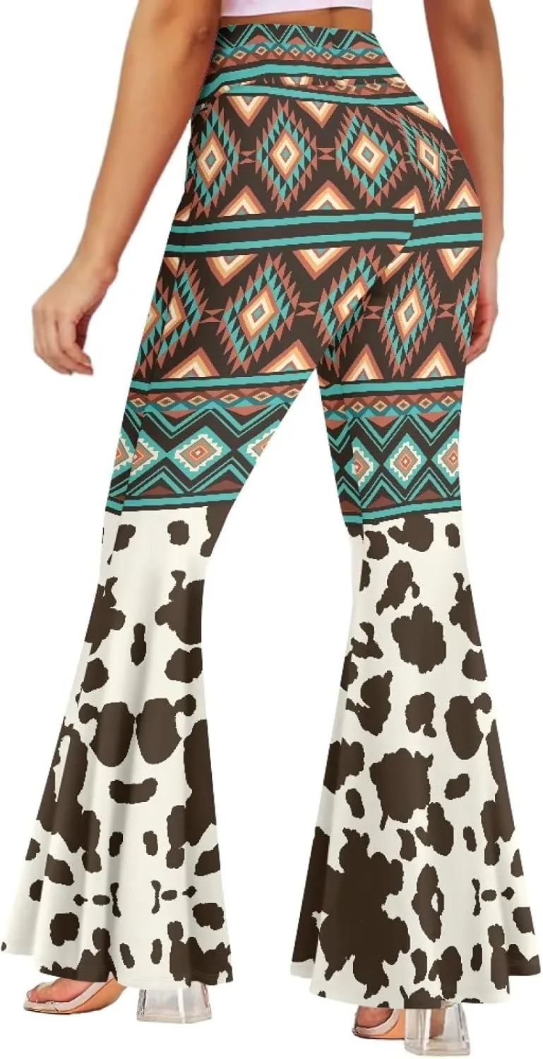 Women Boho High Waisted Fit Flare Ethnic Paisley Floral Yoga Pants