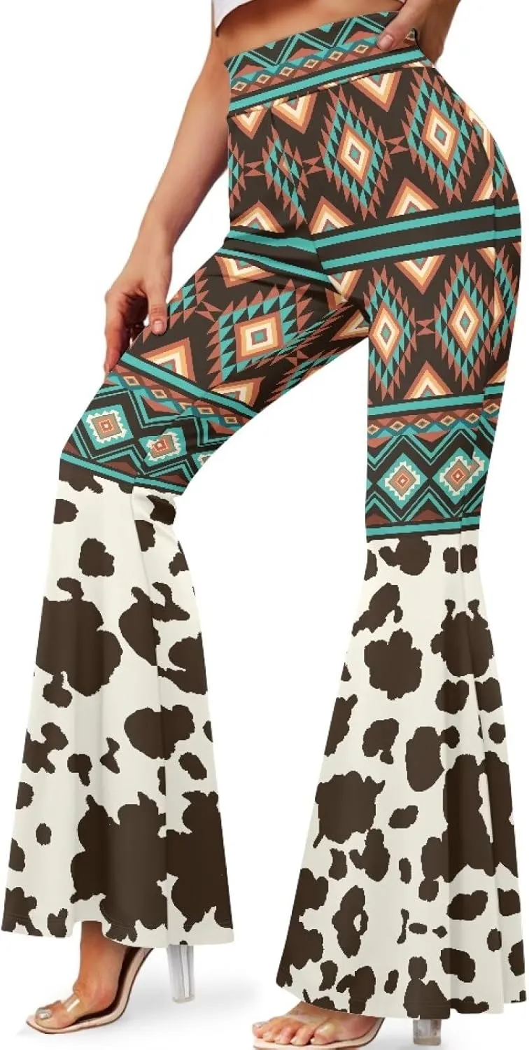 Women Boho High Waisted Fit Flare Ethnic Paisley Floral Yoga Pants