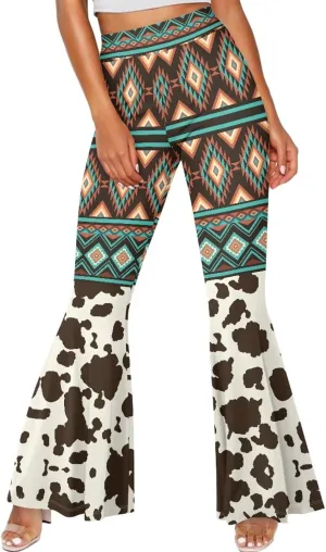 Women Boho High Waisted Fit Flare Ethnic Paisley Floral Yoga Pants