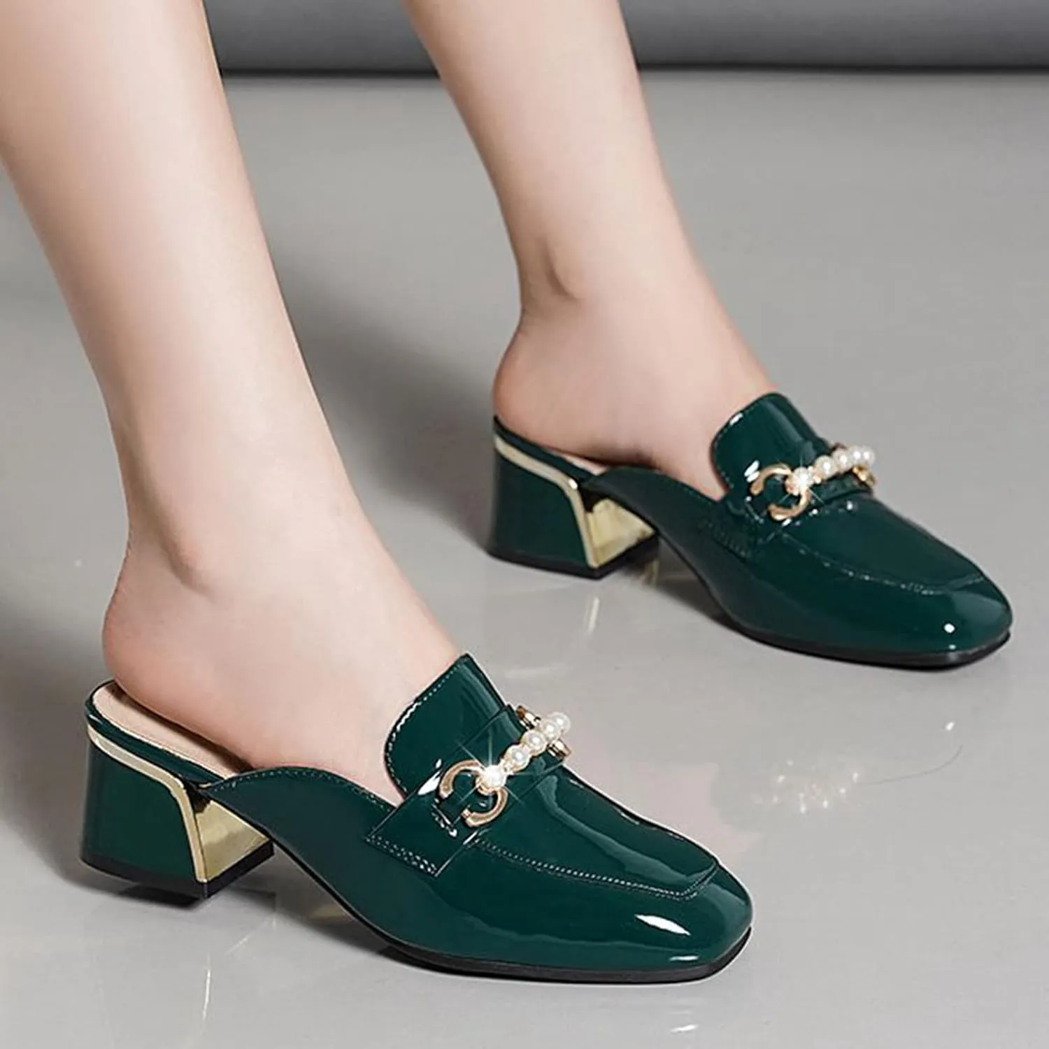 Women Fashion Backless Mules Patent PU Leather Closed Square Toe Chunky Mid Heel Slip on Loafer Shoes