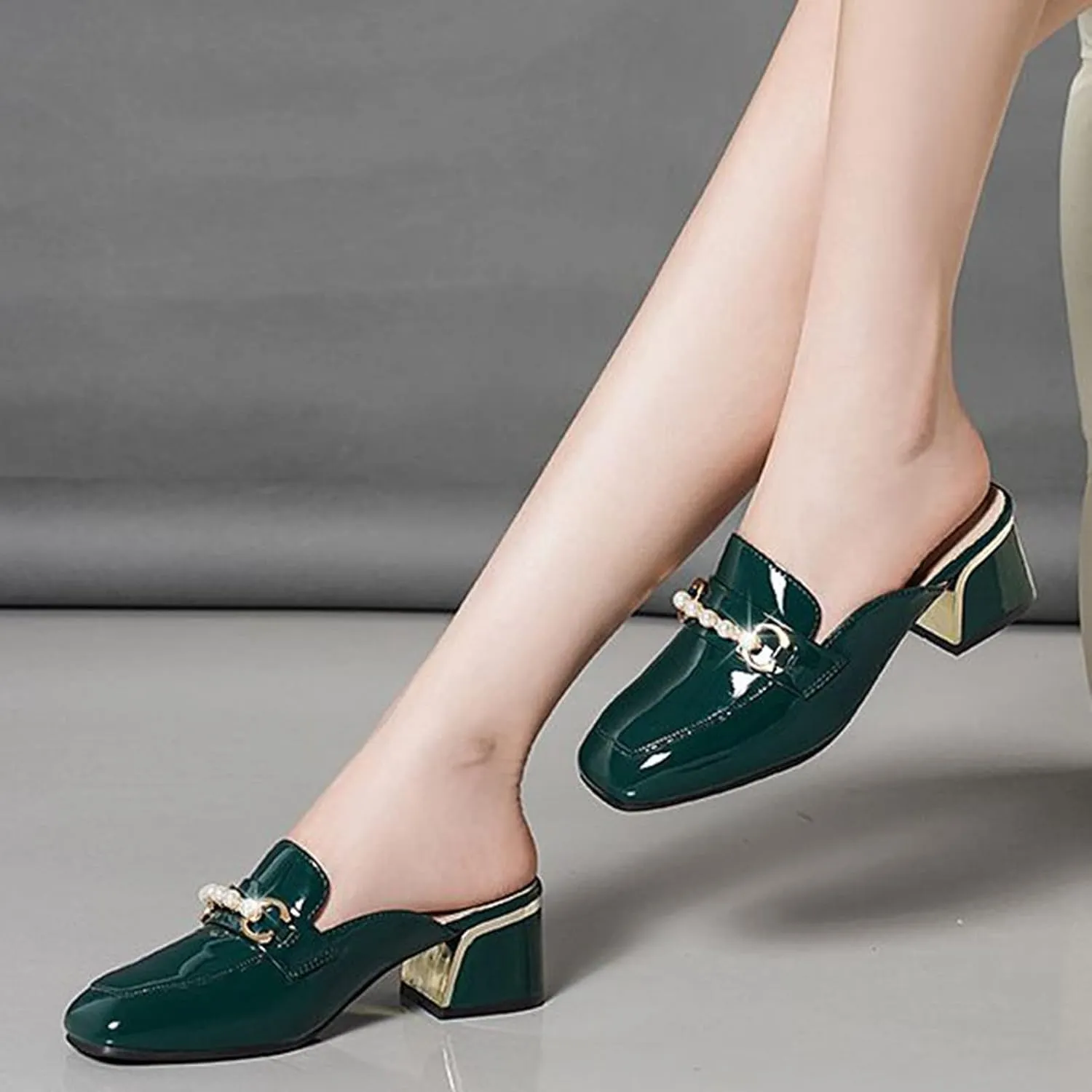 Women Fashion Backless Mules Patent PU Leather Closed Square Toe Chunky Mid Heel Slip on Loafer Shoes